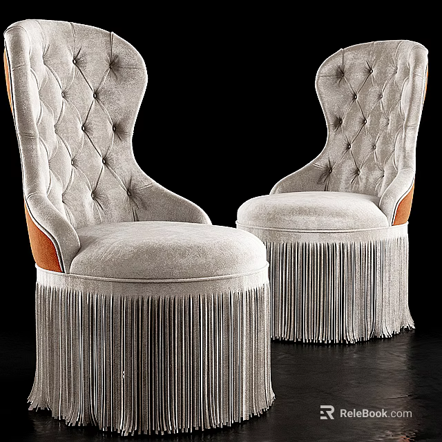Elegant Light Colored Upholstered Dining Chairs With Tufted Backrest And Fringe Trim 3d model
