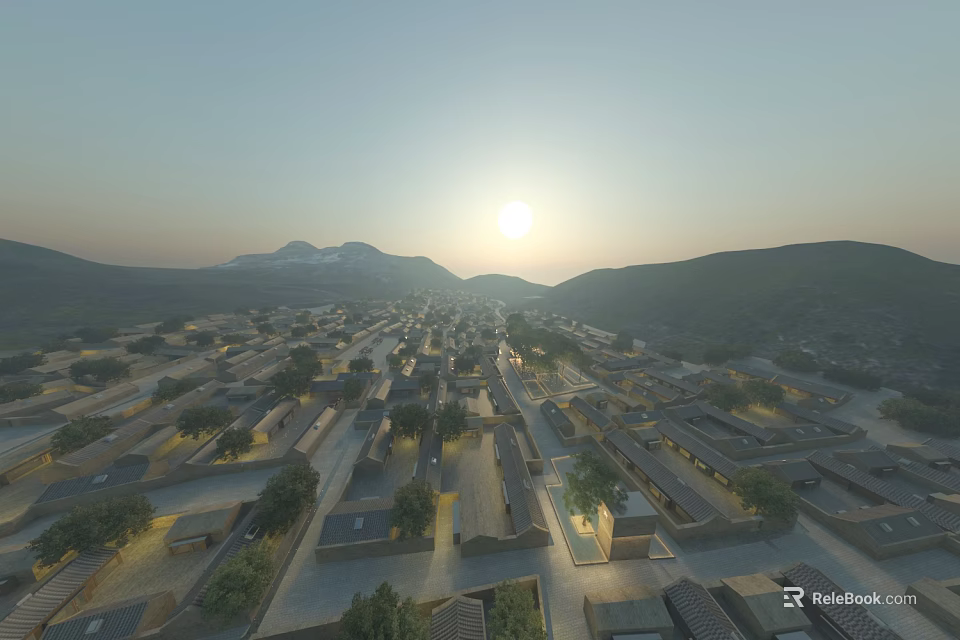 Aerial Planning of Traditional Village with Neatly Arranged Houses Mountain View and Sunset 3d model 