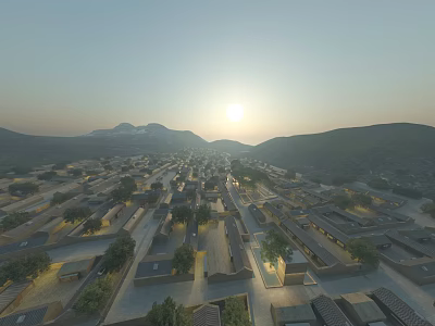 Aerial Planning of Traditional Village with Neatly Arranged Houses Mountain View and Sunset 3d model