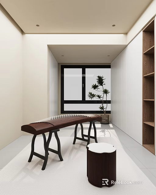 Entertainment Room With Guzheng Stool Potted Plant And Shelves 3d model 
