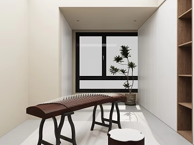 Entertainment Room With Guzheng Stool Potted Plant And Shelves 3d model