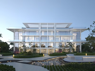 Modern Luxury Detached Villa with Glass Curtain Wall Courtyard Green Plants and Water Feature 3d model