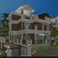 Elegant Detached Villa Exterior Design With Balconies Palm Trees And Landscaped Garden