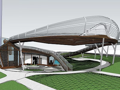 Modern Curved Architectural Structure With Metal Frame And Wooden Canopy Over Green Landscape 3d model