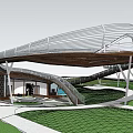 Modern Curved Architectural Structure With Metal Frame And Wooden Canopy Over Green Landscape