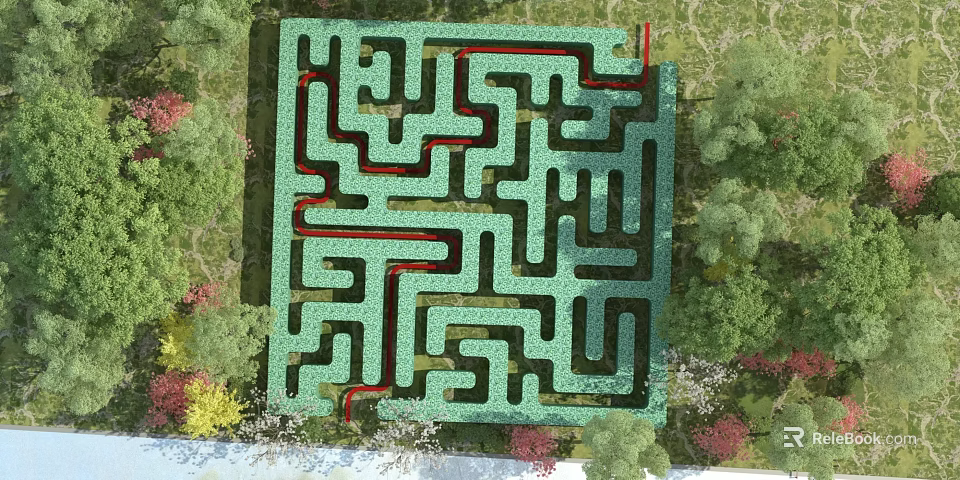 Fun Outdoor Playground With Green Maze And Red Paths Surrounded By Trees 3d model 