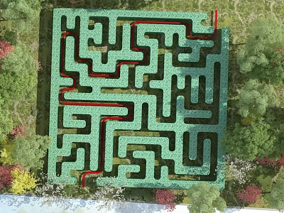 Fun Outdoor Playground With Green Maze And Red Paths Surrounded By Trees 3d model