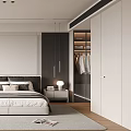 Modern Bedroom Interior With Bed Bedside Tables Open Wardrobe And Window Blinds 3d model