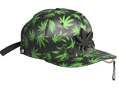 Black Hat With Green Marijuana Leaf Pattern And Black Leaf Decoration Chain 3d model