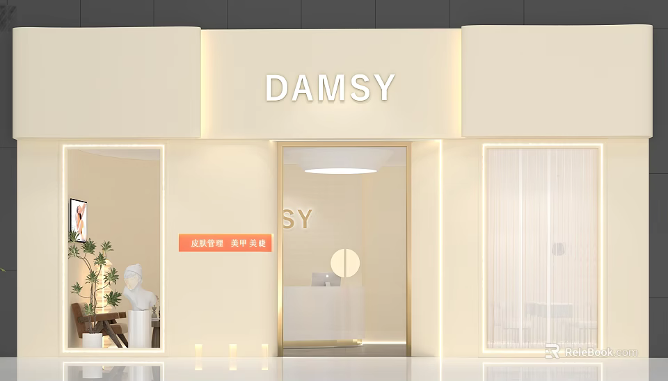 DAMSY Modern Storefront Facade with Skin Management Manicure Eyelash Extensions Elegant Lighting Glass Door 3d model 