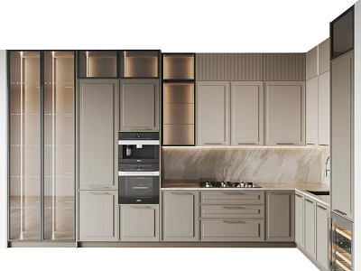Modern Kitchen Interior With Neutral Tones Cabinets Marble Countertop And Built-in Appliances 3d model
