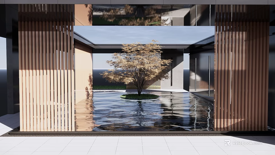 Modern Courtyard Garden With Central Tree Reflective Water Pool And Wooden Screens 3d model 