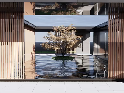 Modern Courtyard Garden With Central Tree Reflective Water Pool And Wooden Screens 3d model