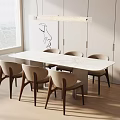 Minimalist White Dining Table Set With Six Beige Chairs Wooden Legs And Pendant Light