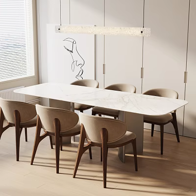Minimalist White Dining Table Set With Six Beige Chairs Wooden Legs And Pendant Light 3d model