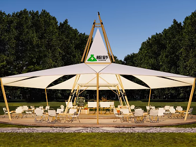 Large White Camel Brand Outdoor Tent With Wooden Frame Green Trees And Chairs 3d model