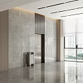 Modern Elevator Hallway With Marble Walls Large Windows Polished Floors And Recessed Lighting