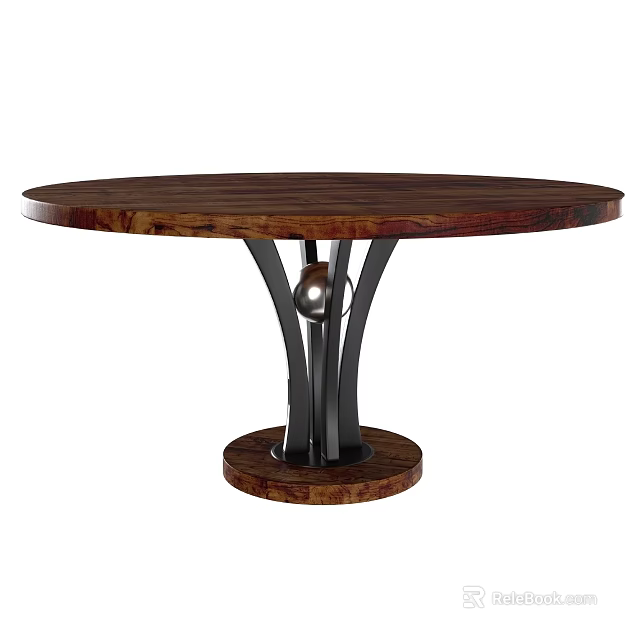Round Modern Dining Table With Wooden Top And Metal Base 3d model