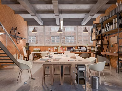 Industrial Style Coworking Space Interior With Wooden Walls High Ceilings Large Windows And Long Table 3d model