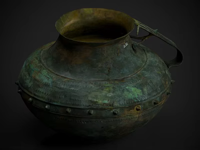 Antique Style Bronze Green Ceramic Vessel With Decorative Rivets And Handle 3d model