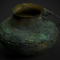 Antique Style Bronze Green Ceramic Vessel With Decorative Rivets And Handle