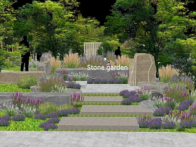 Serene Park Landscape Featuring Stone Garden Steps Purple Flowers And Lush Green Trees 3d model