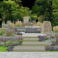 Serene Park Landscape Featuring Stone Garden Steps Purple Flowers And Lush Green Trees