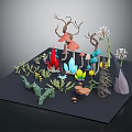 3D Fantasy Forest Scene Components With Colorful Mushrooms Crystals And Plants