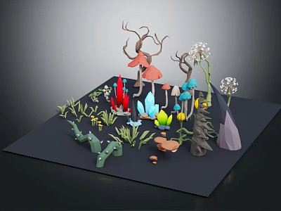 3D Fantasy Forest Scene Components With Colorful Mushrooms Crystals And Plants 3d model