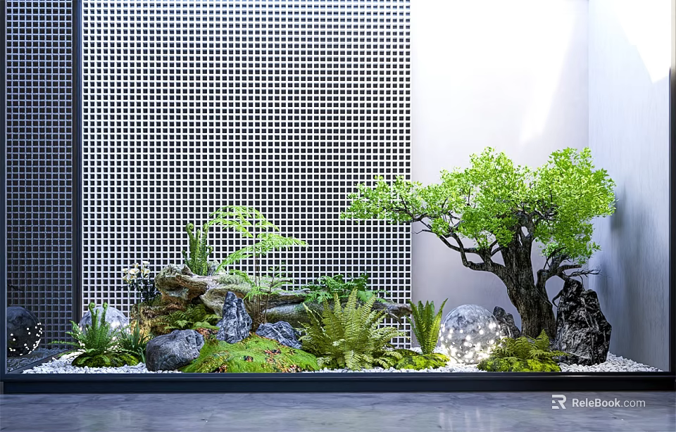 Garden Decor Display With Rockery Green Plants Tree And Grid Wall Background 3d model