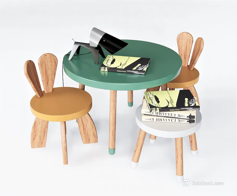Green Round Kids Table with Rabbit Ear Chairs Table Lamp and Books 3d model 