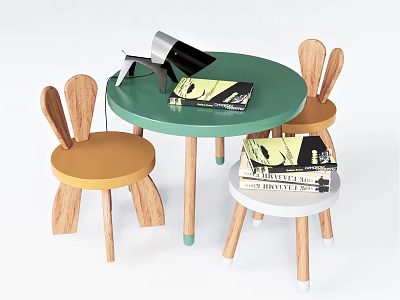 Green Round Kids Table with Rabbit Ear Chairs Table Lamp and Books 3d model