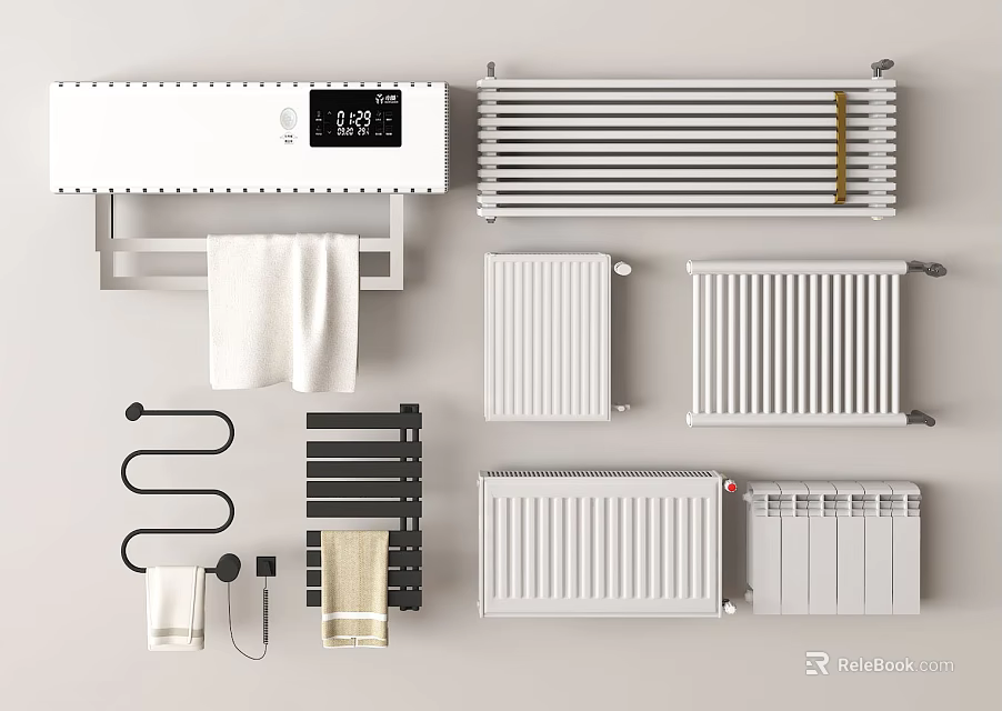 Different Types of Home Heating Radiators Including Smart Thermostat and Towel Rail Designs 3d model 