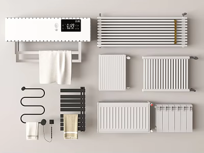 Different Types of Home Heating Radiators Including Smart Thermostat and Towel Rail Designs 3d model