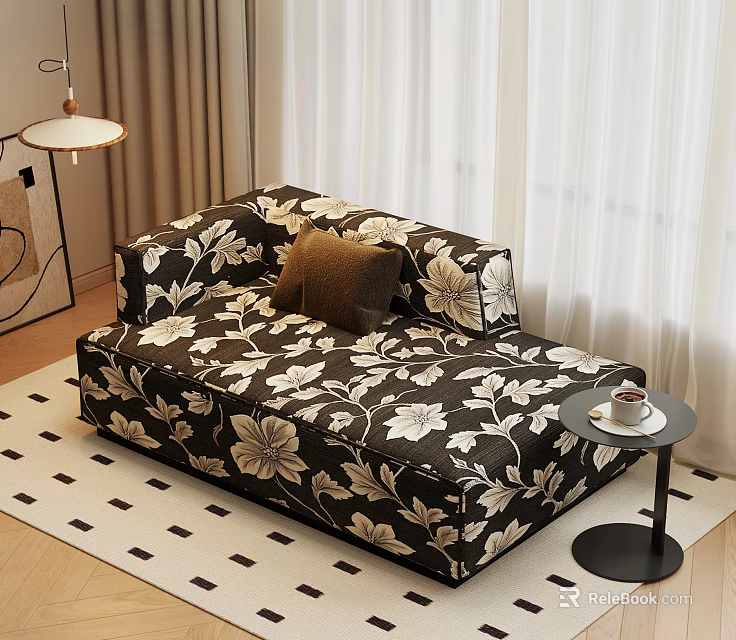 Black And White Floral Chaise Lounge With Brown Cushion On Rug And Side Table 3d model 