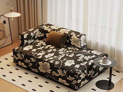 Black And White Floral Chaise Lounge With Brown Cushion On Rug And Side Table 3d model