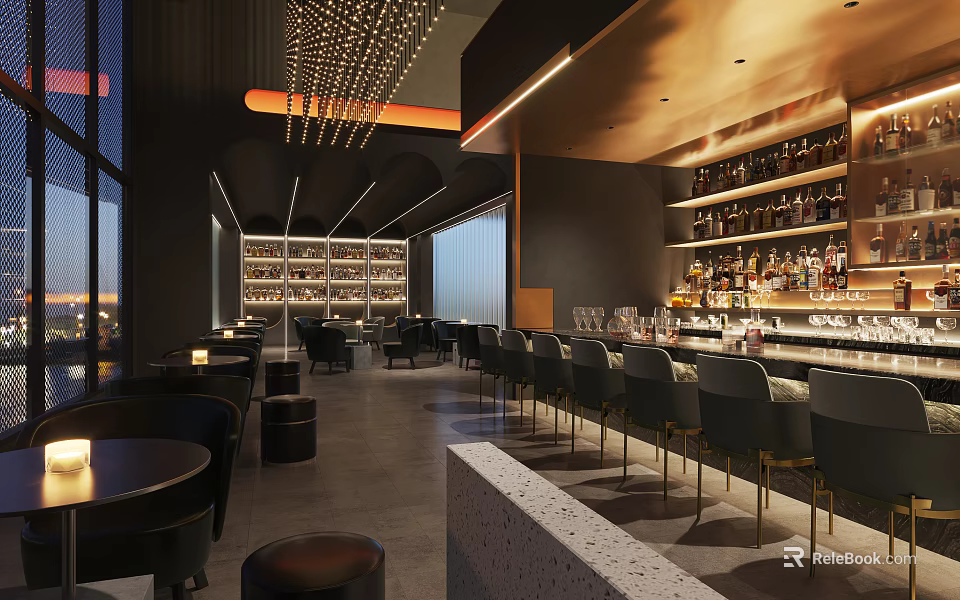 Modern Bar Interior Design With Leather Stools Counter Bottle Shelves And Ambient Lighting 3d model