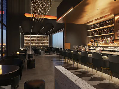 Modern Bar Interior Design With Leather Stools Counter Bottle Shelves And Ambient Lighting 3d model