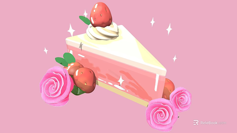 Delicious Strawberry Cake Topped With Whipped Cream Fresh Strawberries Pink Roses And Sparkles 3d model 