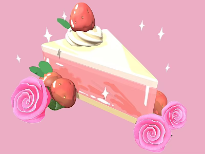 Delicious Strawberry Cake Topped With Whipped Cream Fresh Strawberries Pink Roses And Sparkles 3d model