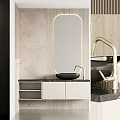Modern Bathroom Vanity With Oval Mirror Textured Wall White Cabinetry Black Basin And Gold Faucet