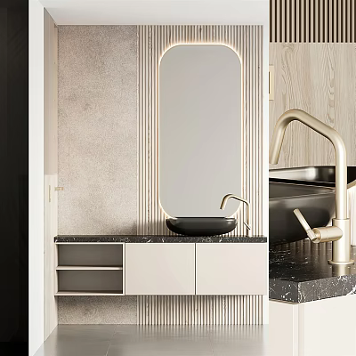 Modern Bathroom Vanity With Oval Mirror Textured Wall White Cabinetry Black Basin And Gold Faucet 3d model
