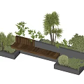 Modern Park Landscape Design With Stone Planters Palm Trees Bushes And Wooden Bench