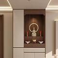 Modern Elegant Entryway Interior Design With White Wooden Cabinets Buddha Shrine Candles And Fruits