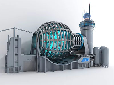 Futuristic Spherical Structure With Metal Grid Blue Light And Tall Tower In Sci Fi Installation 3d model