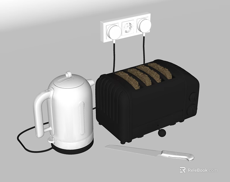 Smart Kitchen Appliances With Toaster Kettle Toast And Knife Near Socket 3d model