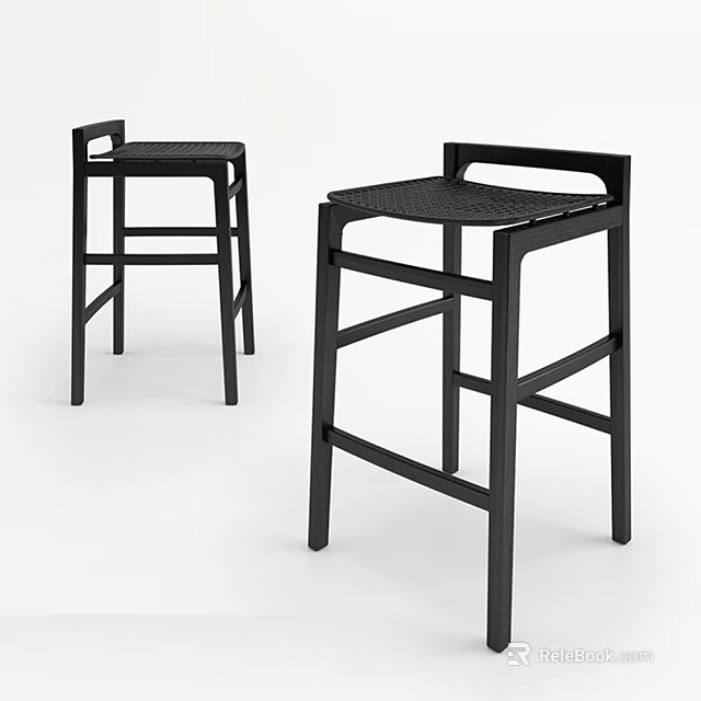 Black Modern Bar Stools With Metal Frame And Woven Seat Design 3d model 