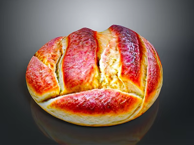 Freshly Baked Round Bread With Golden Red Crust And Shiny Surface 3d model