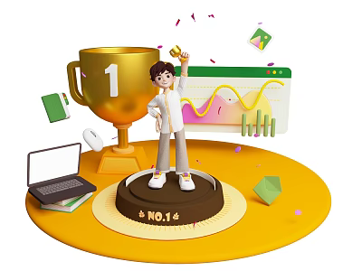Art Installation Featuring Gold Trophy Number 1 Person With Laptop Books Rising Chart And Confetti 3d model