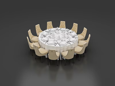 Elegant Round Dining Table Set With White Tablecloth Tableware And Chairs 3d model